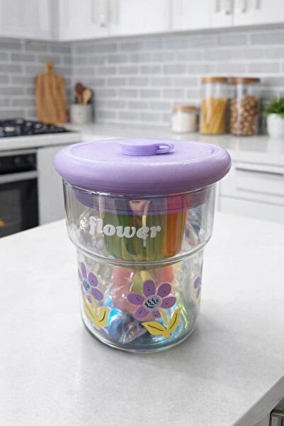 LEYA HOME Çiçek Desenli Pinterest Pipetli Cam Bardak, Suluk - Detox Matara Ba...