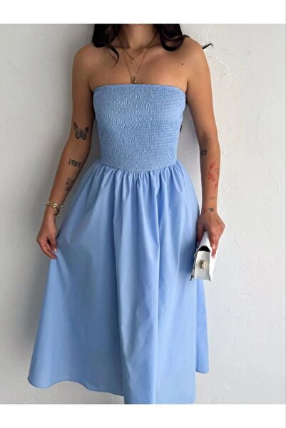 ÇEÇİM Γυναικείο Στράπλες Φόρεμα Μίντι με Διακοσμητικές Λωρίδες ZYN-58929