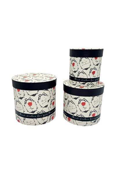 AFO Set 3 Cutii Cilindrice Best Wishes cu Bordura si Model Color Alb Negru