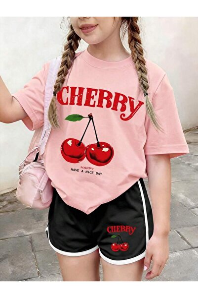 MORNİNG KİDS Kız Çocuk CHERRY Baskılı Pembe Tişört-Siyah Biyeli Şort Takım