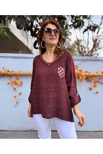 DenizEge Ιταλική λινή μπλούζα Bird Eye σε χρώμα μπορντό
