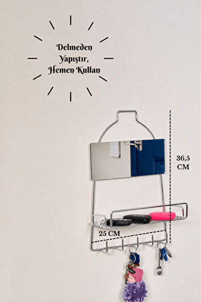 Edora Home Parlak Silver Modern Duvar Anahtarlığı Raflı, Askılı Organizer, Ay...