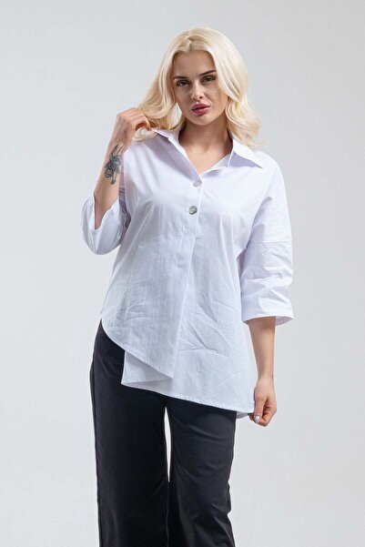 Bold & Young Γυναικείο λευκό πουκάμισο με μισό κουμπιά, ασύμμετρη κοπή, μανίκ...