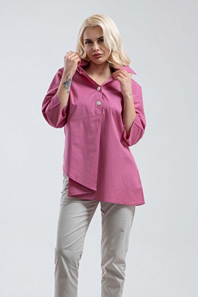 Bold & Young Γυναικείο ροζ πουκάμισο με μισά κουμπιά, ασύμμετρη κοπή, μανίκι ...