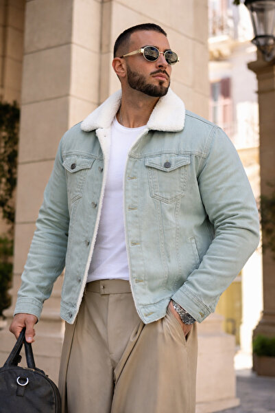 hacker Men's Trendy Winter Slim Fit Green Fur Lined Denim Jacket