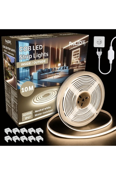 proled Bandă LED COB, 220V, 10W/m, 1000lm/m, 4200K, IP67, 10m, kit cu sursă d...