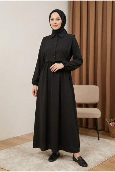 MODAQU Σετ Μακρύ Φόρεμα με Λεπτομέρεια Πουκάμισου - Μαύρο