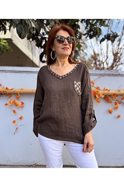 DenizEge Ιταλική λινή μπλούζα Bird Eye σε καφέ χρώμα