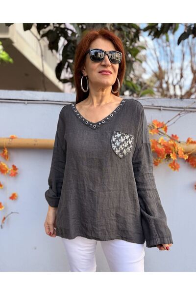 DenizEge Ιταλική λινή μπλούζα από λινό πανί σε χρώμα ανθρακί