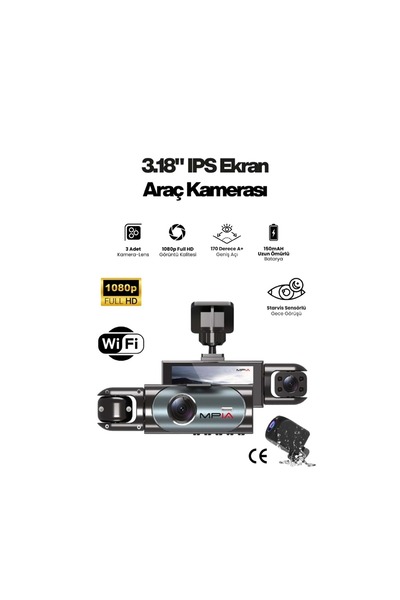 Midcom CC-42 3 Lens 3.18" IPS Ekran Wi-Fi Dokunmatik Araç Kamerası 64GB Hafıza Kartı Hediyeli