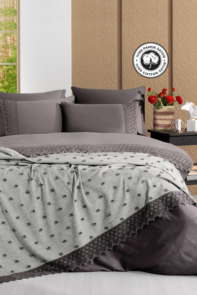 EvienHome Σετ Πικέ από 100% Βαμβακερό Σατέν με Δαντελένιο Κάλυμμα Κρεβατιού κ...