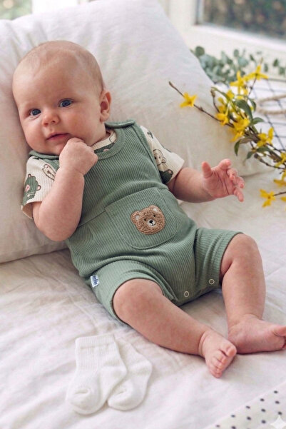Rocha Baby Ayıcık Nakışlı Fitilli Salopet Body ve Çorap Hediyeli Üçlü Takım