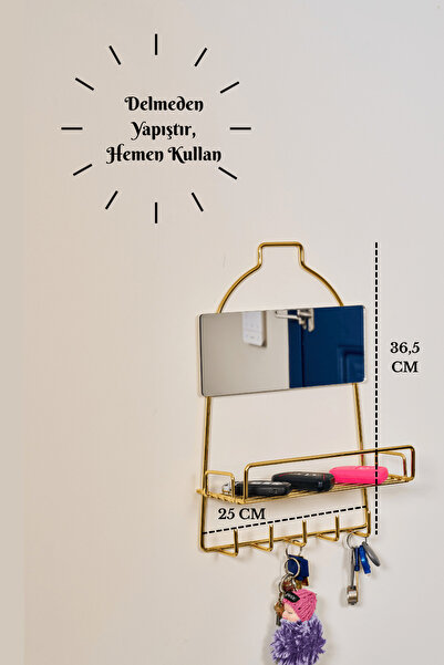 Edora Home Parlak Altın Modern Duvar Anahtarlığı Raflı, Askılı Organizer, Ayn...