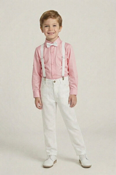 nacar çarşı Boy's Pink Long Sleeve Dacron Shirt White Pants White Suspender B...