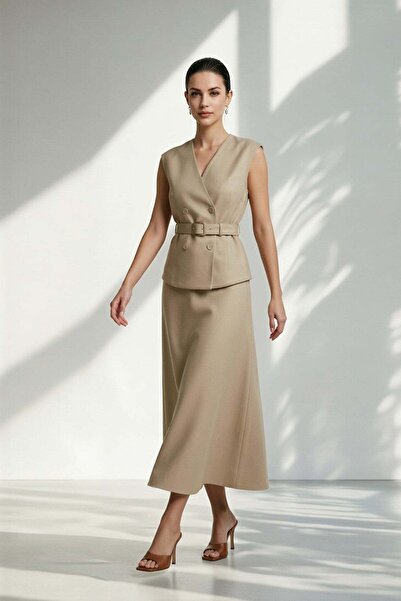 Setre Camel %100 Keten Düğme Ve Kemer Detaylı Yelek Rahat Kesim Etekli Takım