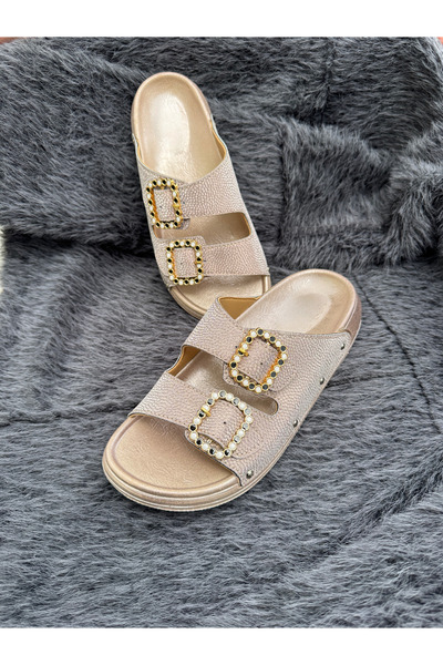 AkınalBella Παντόφλες esem με διπλή πόρπη, γκλίτερ και πέτρες, με άνετη ανατο...