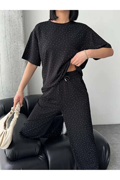 LOS FECHKA Γυναικείο Σετ Μαύρο Χρώμα με Γυαλιστερή Πέτρα και Λεπτομερή Σχέδια...