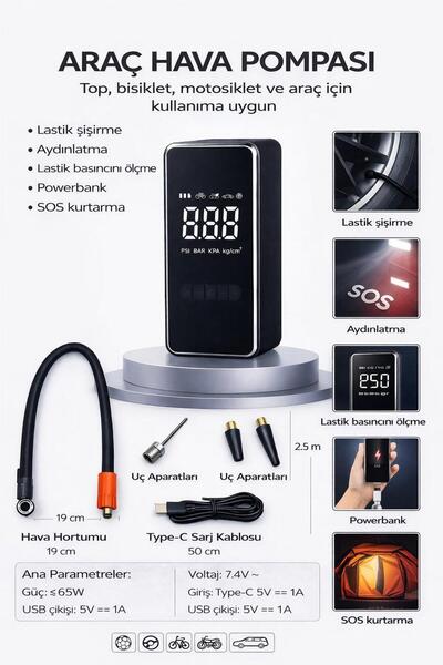 ATLT ATLANTİS 65W ARAÇ HAVA POMPASI POWERBANK AYDINLATMA IŞIKLI MOTORSİKLT Bİ...