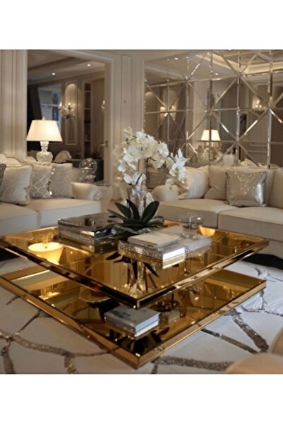 LUXURY VİLLA LUXURY KOMPLE GOLD AYNALI TEKERLEKLİ DEKORATİF ORTA SEHPA 90x90 ...