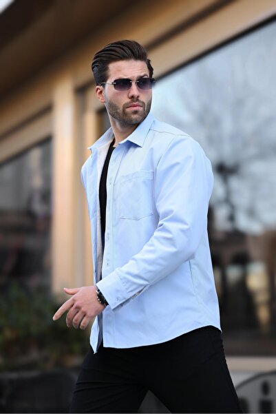 Madmext Μπλε ανδρικό πουκάμισο με φλις εσωτερικό E6759