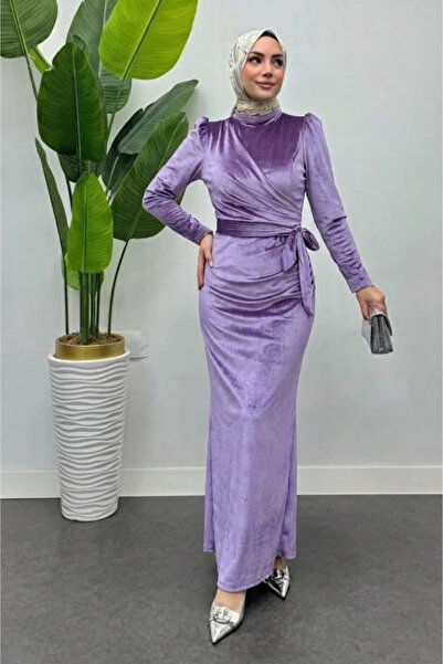 Tesettür Diyarı Βελούδινο Φόρεμα Χιτζάμπ με Σταυρωτό Δέσιμο - Λιλά