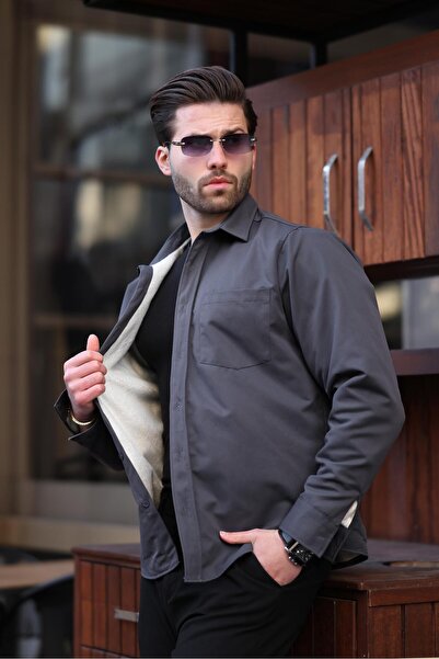 Madmext Ανδρικό πουκάμισο ανθρακί με φλις εσωτερικά E6759