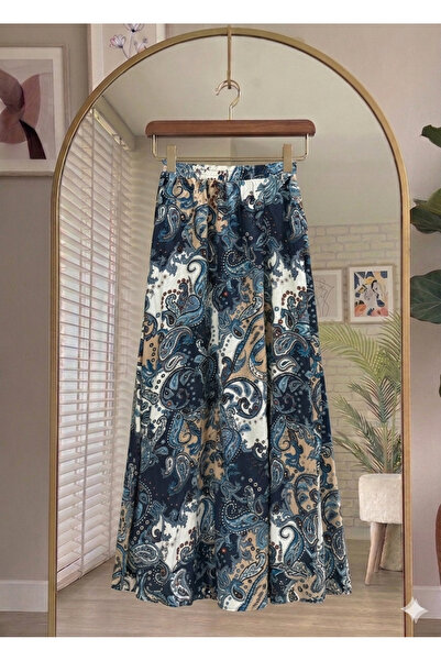 Bahar Altundemir Women's Ethnic Pattern Viscose Fabric Long Skirt with Elasti...