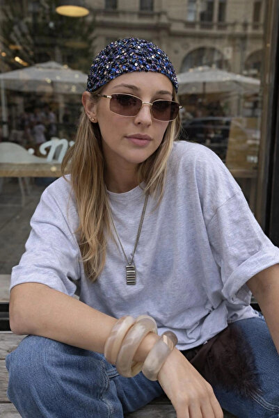 Eka Γυναικεία Μπλε Χειροποίητη Πλεκτή Μπαντάνα με Παγιέτες 852026