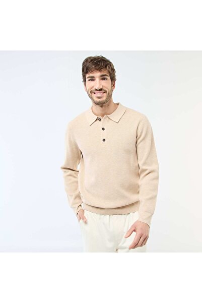 KIABI Waffle Knit Polo Collar Sweater BEIGE