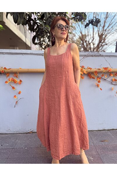 DenizEge Ιταλικό Αμάνικο Φόρεμα με Τετράγωνο Γιακά από Λινό Κανέλα