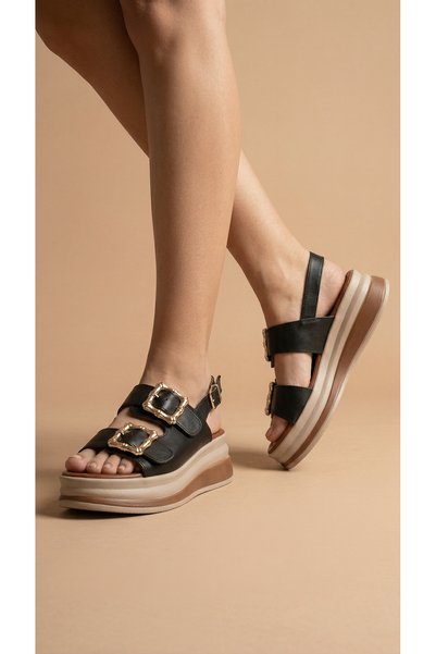 Moda Lime Thick Square Double Gold Buckle Detailed High Heel Ankle Buckle Women's Summer Sandals