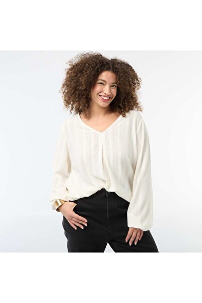 KIABI تي شيرت محبوك مخرم بأكمام قصيرة أبيض