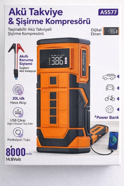 MO DOU Araç Jump Starter 800A Akü Takviye Kompresör 12V Hava Pompası Powerban...