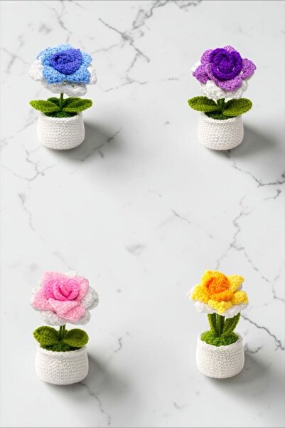 Bereketli Store 4 Χρωματιστά Χειροποίητα Πλεκτά Τριαντάφυλλα |   Διακοσμητικό...