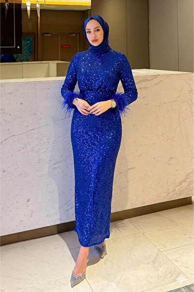 Tesettür Diyarı Βραδινό φόρεμα με πούπουλα και παγιέτες στο μανίκι - Σαξ Μπλε