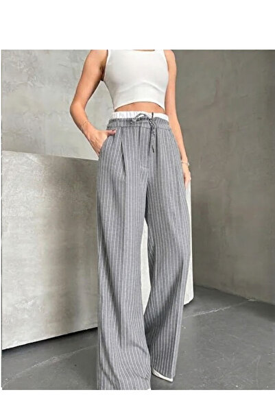 BORCKA TEKSTİL Γκρι Κρεμ Ριγέ Γυναικείο Παντελόνι Palazzo