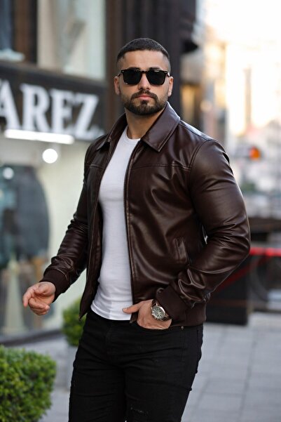 BASEL.CO Δερμάτινο μπουφάν με λαιμόκοψη πόλο με λεπτή εφαρμογή