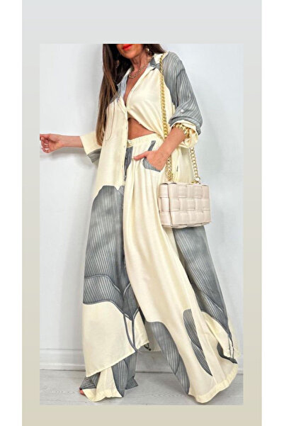 BERİ BUTİK Women's Cream Kimono with Leaf Pattern by Rakim
