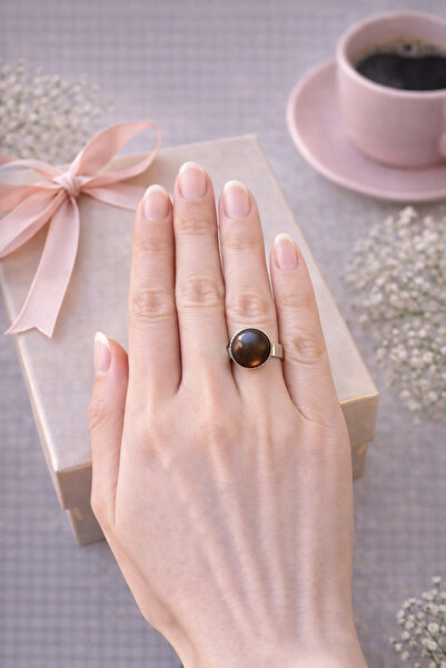 MUGUSA HEDİYELİK Brown Colored Cat Eye Stone Minimal Silver Ring - Shines und...