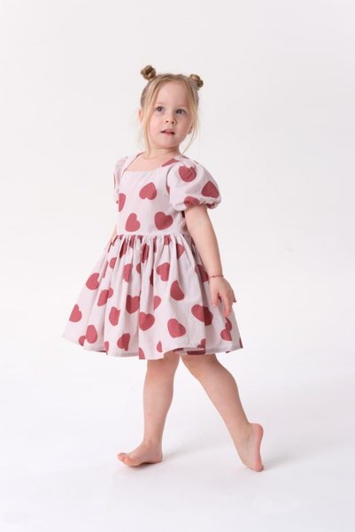 TINY BEAR Heart Patterned Balloon Sleeve Detailed Girls' Dress