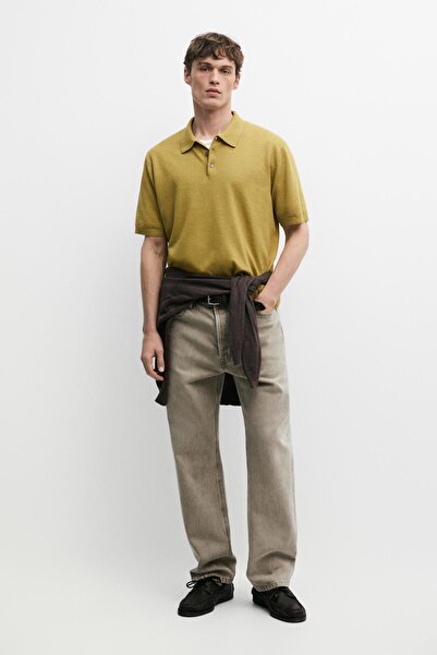 Massimo Dutti Kısa kollu pamuklu keten polo yaka t-shirt