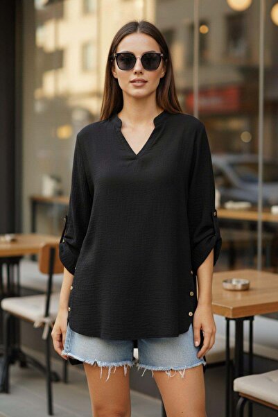 Mossta Μπλούζα Aerobin με τριών τετάρτων μανίκια και γιακά - Μαύρη