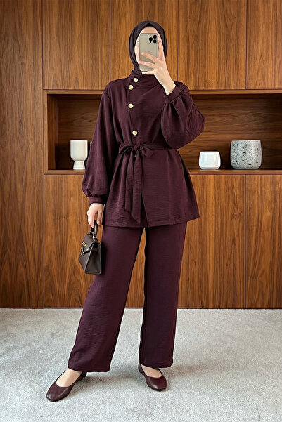 MODAQU Belted Ruffle Detailed Cupra Set -Plum