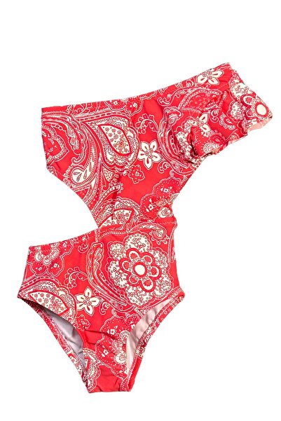 LOOK ME Paisley Shawl Patterned Asymmetrical Cut-Out Girls' Swimsuit
