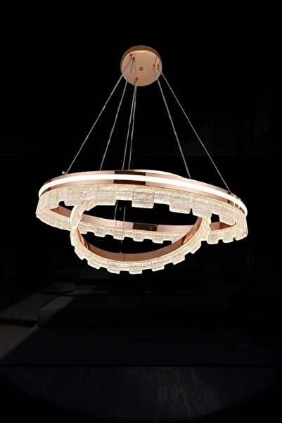 RONİSU AYDINLATMA Zora Lüks Modern Kristal Dokulu Asimetrik İkili Halka 60 cm...