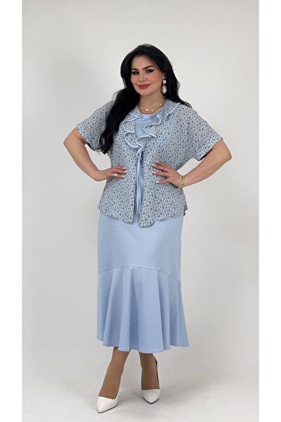 mardi exclusive Women's Plus Size Dress Blouse Set Blue