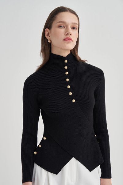 VESNA Cross-Closure Gold Button Knitwear Sweater