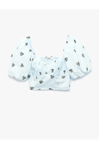 Koton Στενή εφαρμογή, λαιμόκοψη καρδιά, κοντό φλοράλ μπούστο με μανίκια μπαλόνι