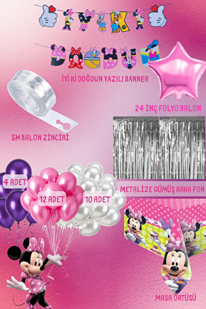BOXLAND Minnie Fare Doğum Günü Parti Seti Yıldız Folyo Balon Masa Örtüsü Banner