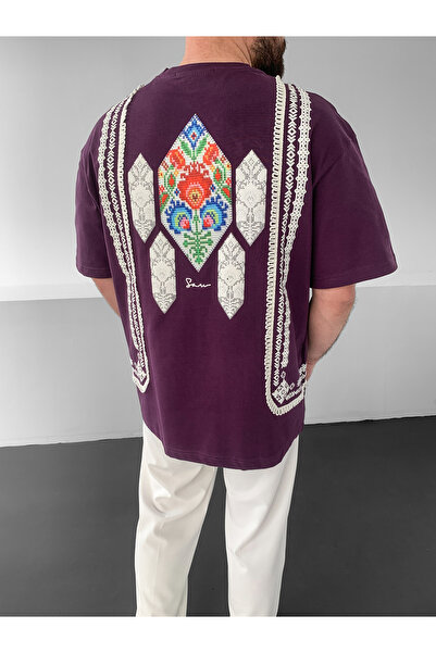 NO1 KONSEPT Μωβ Oversize έθνικ κεντημένο μπλουζάκι υψηλής ποιότητας με μποέμ ...